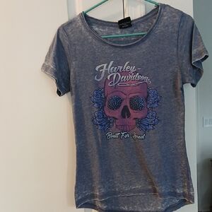 Harley-Davidson Blue Tee with Pink Skull Design
